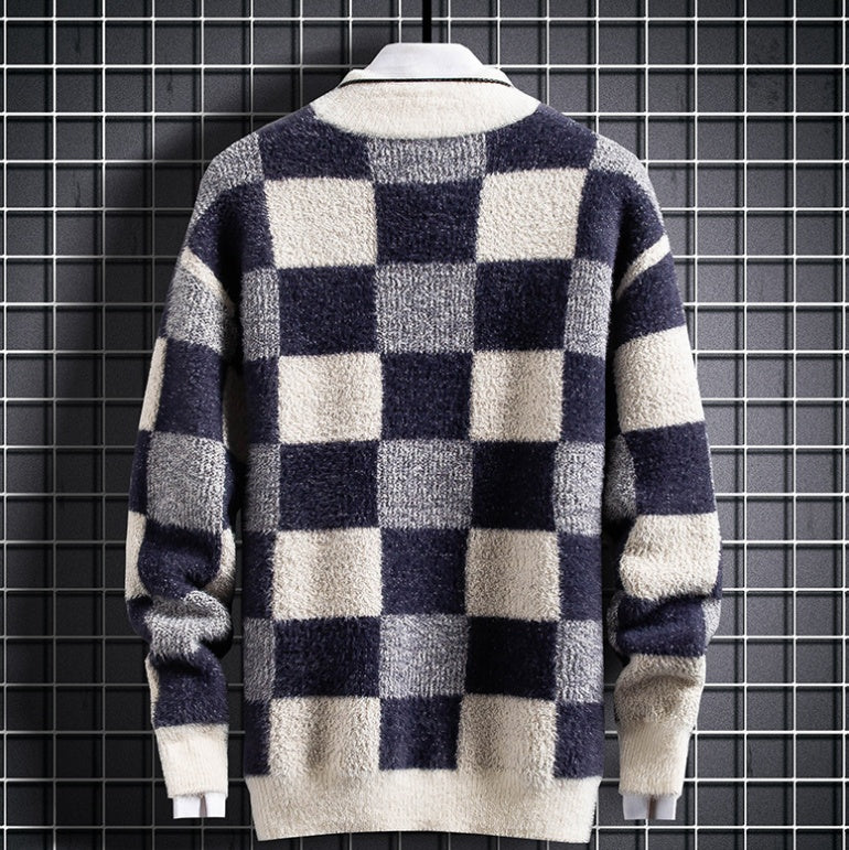 Warm Mens Crew Sweater - Checked Knit, Nylon, For Winter - Image 2