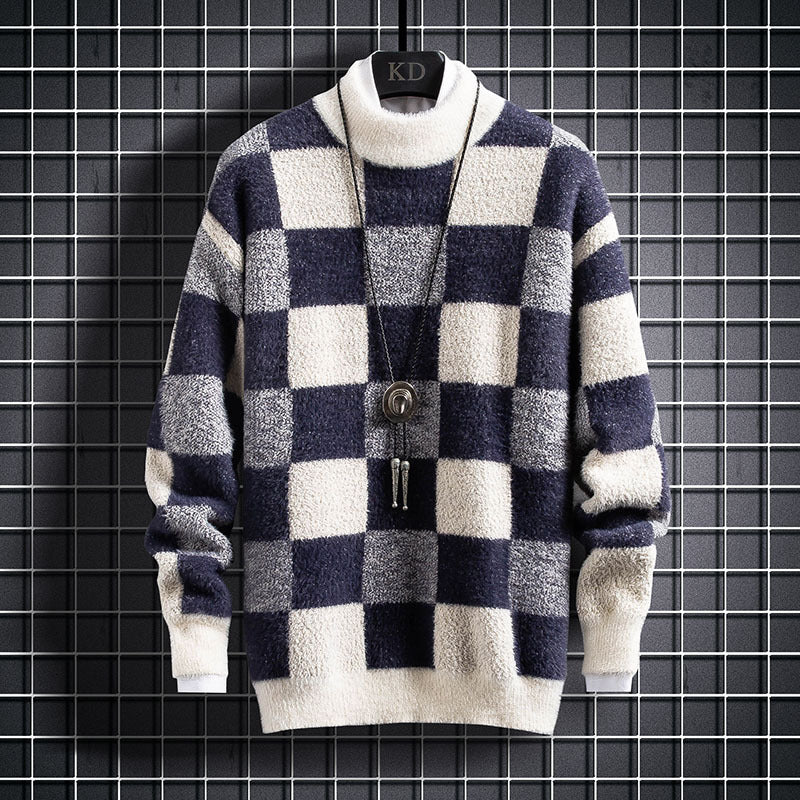 Warm Mens Crew Sweater - Checked Knit, Nylon, For Winter - Image 6