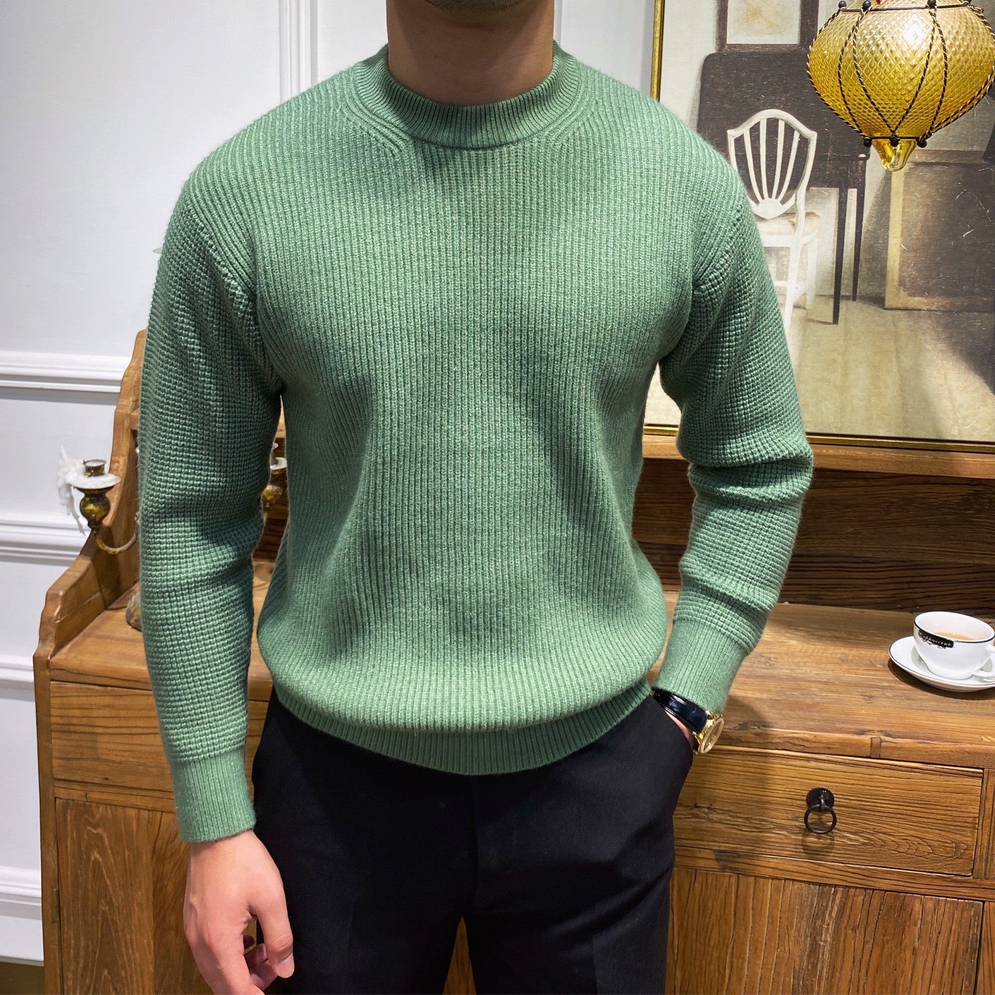 Warm Mens Crewneck Sweater - Ribbed Knit, Acrylic, Winter - Image 2