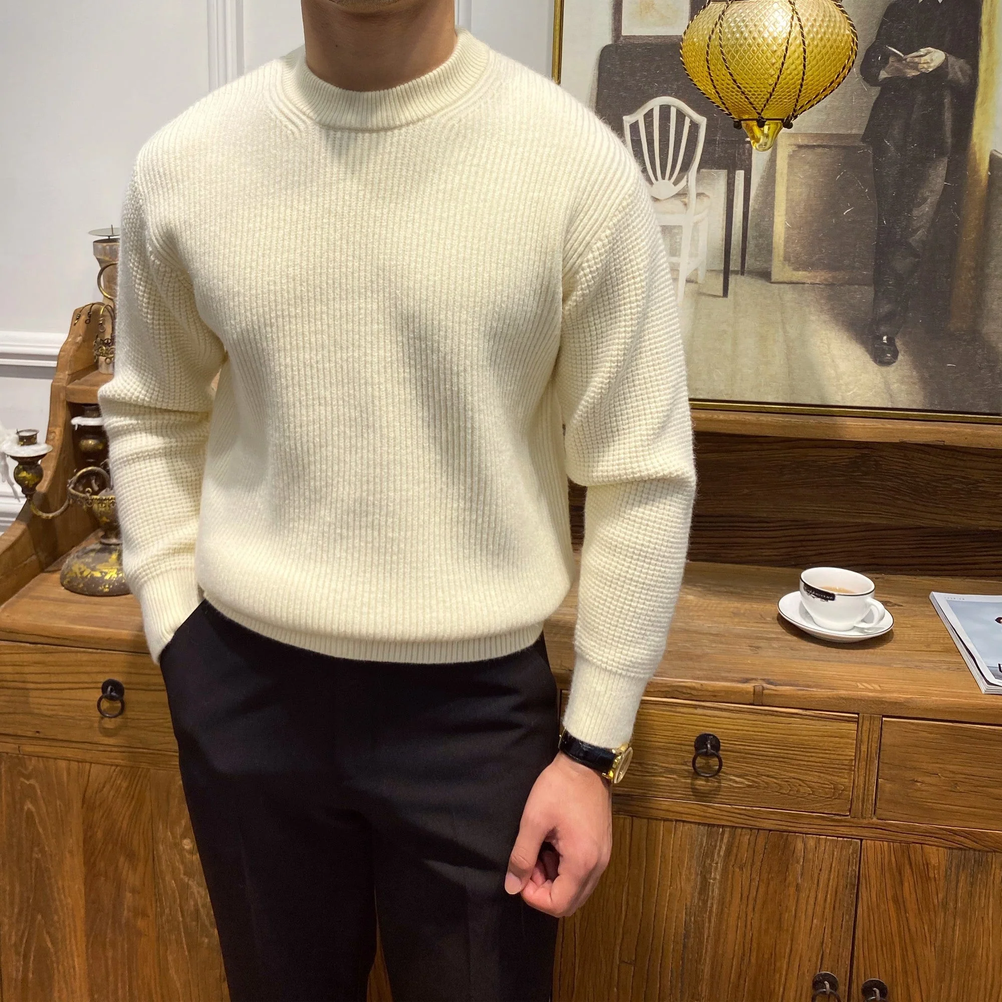 Warm Mens Crewneck Sweater - Ribbed Knit, Acrylic, Winter - Image 3