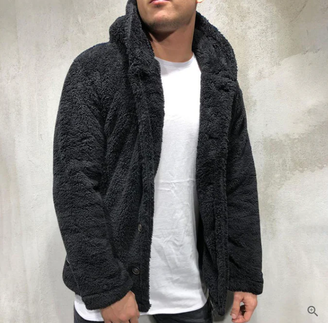 Warm Mens Fleece Pullover - Hooded Button Front, Sherpa - Image 4