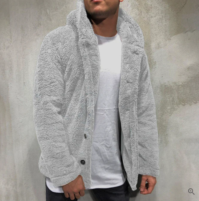 Warm Mens Fleece Pullover - Hooded Button Front, Sherpa - Image 5