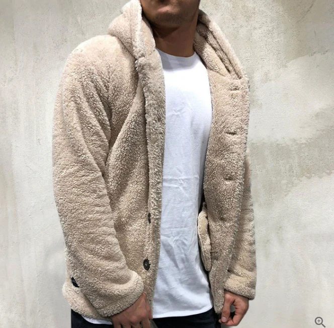Warm Mens Fleece Pullover - Hooded Button Front, Sherpa - Image 7