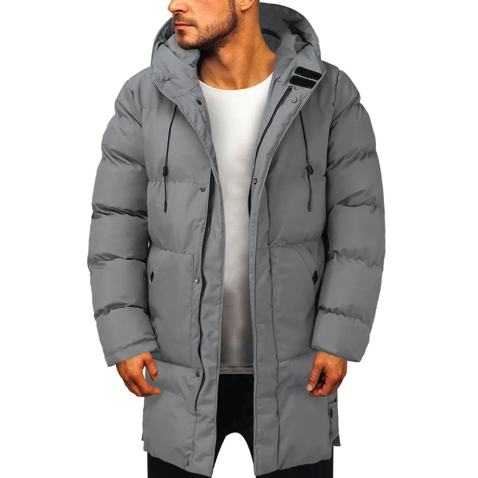 Warm Mens Long Puffer Coat - Hooded Insulated, Winter - Image 6