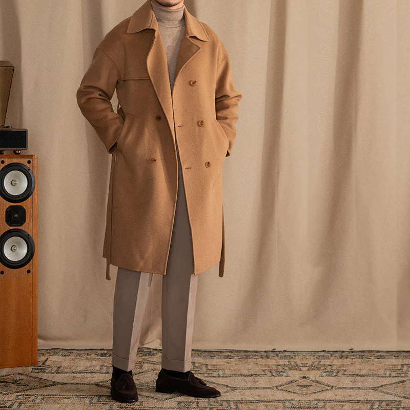 Warm Mens Mid-Length Coat - Drop Shoulder, Wool, Winter - Image 8