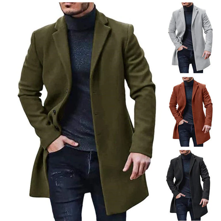 Warm Refined Men's Tweed Coat - Medium-Length Polyester