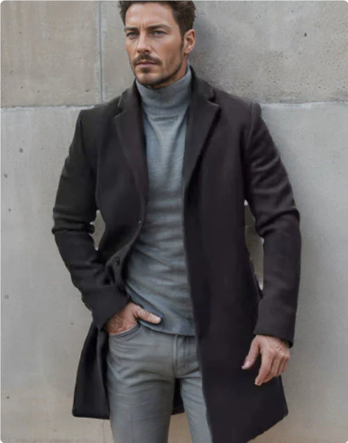 Warm Refined Men's Tweed Coat - Medium-Length Polyester - Image 4