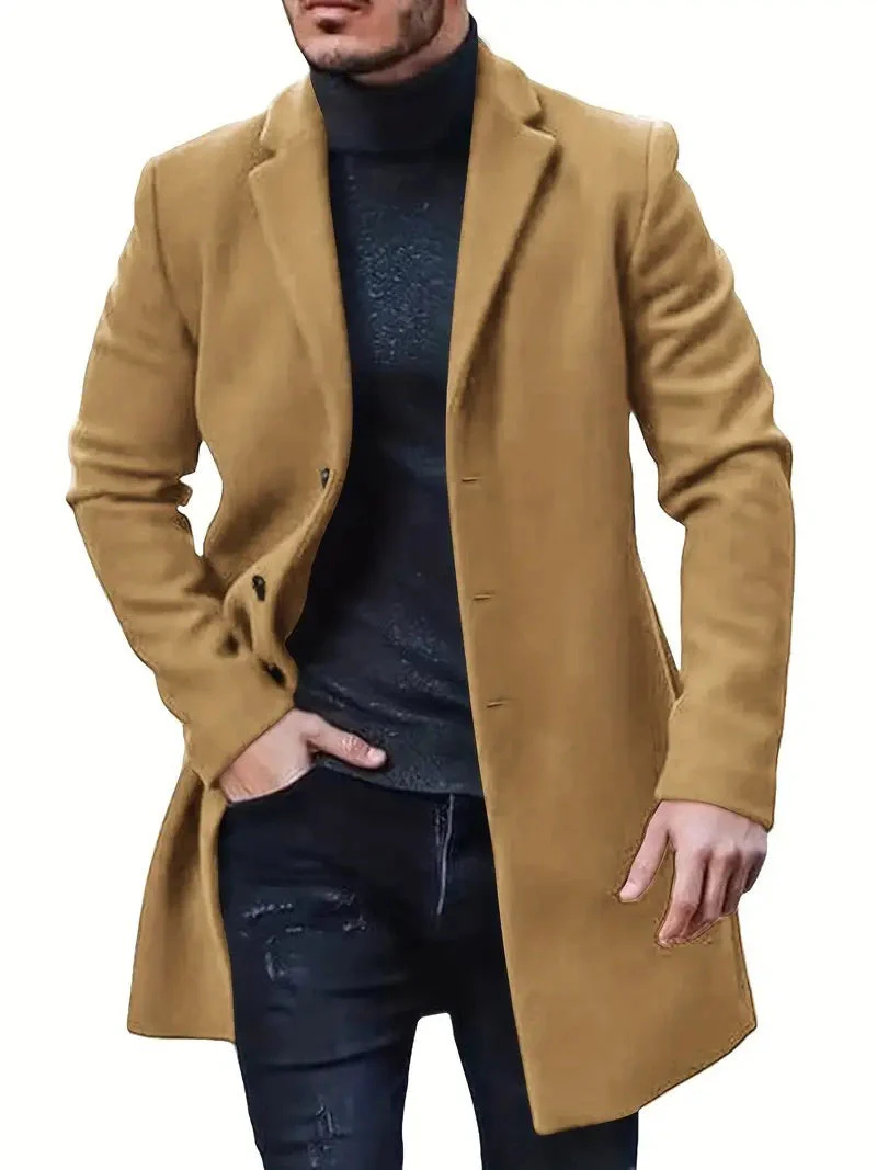 Warm Refined Men's Tweed Coat - Medium-Length Polyester - Image 7
