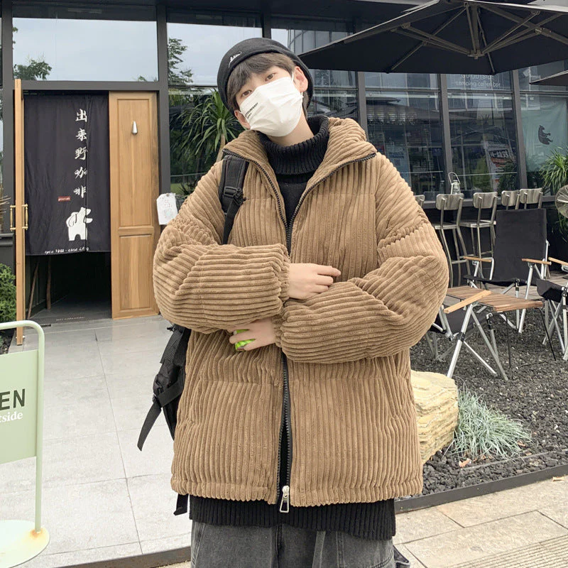 Warm Relaxed Men's Coat - Stand Collar, Corduroy, Winter - Image 3