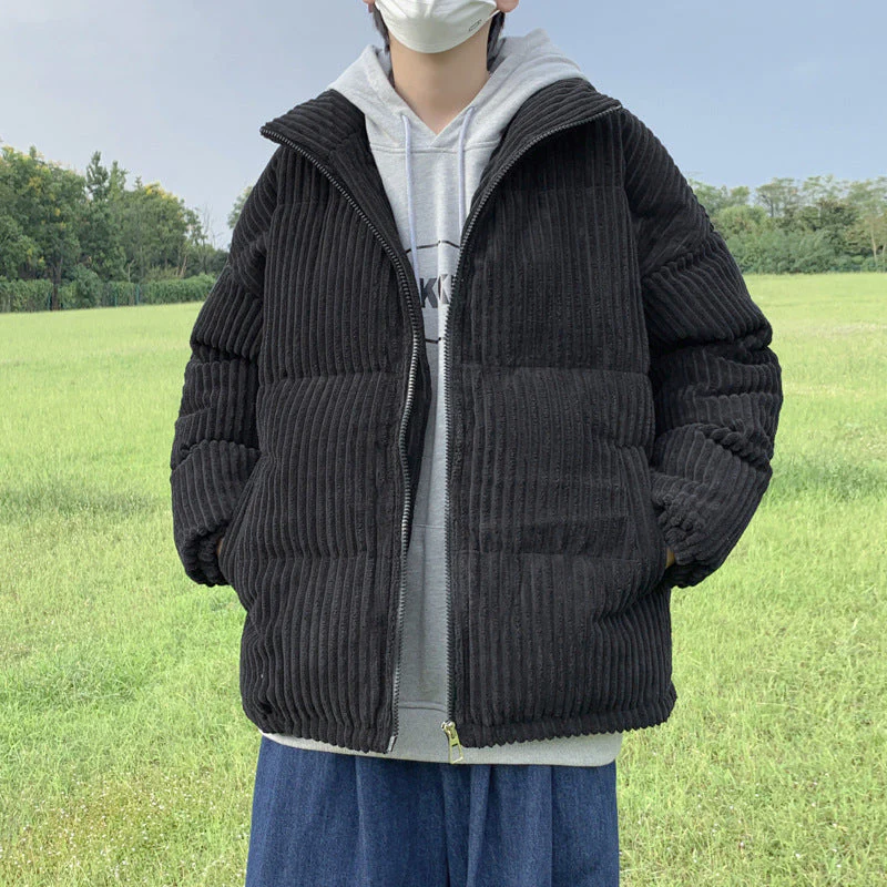 Warm Relaxed Men's Coat - Stand Collar, Corduroy, Winter - Image 7
