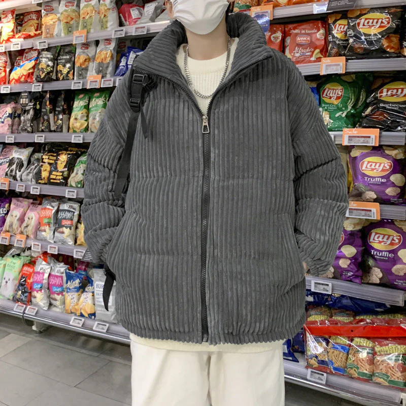 Warm Relaxed Men's Coat - Stand Collar, Corduroy, Winter - Image 9