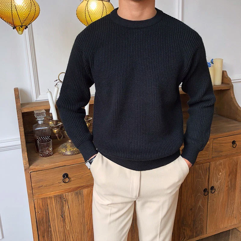 Warm Relaxed Men's Crew Neck Sweater - Ribbed Knit, Wool - Image 2