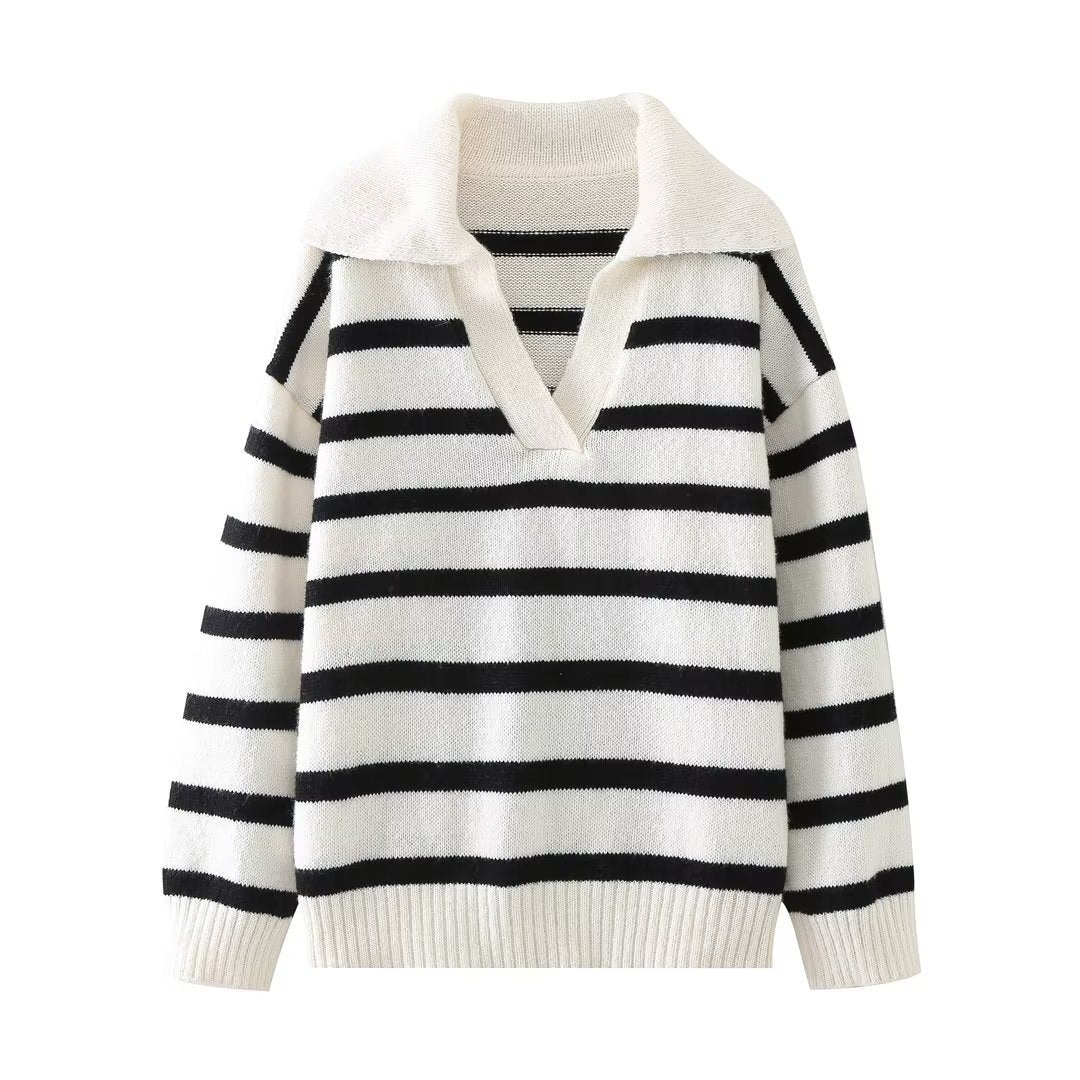 Warm Relaxed Women’s Striped Knitted Sweater - V Neck - Image 10