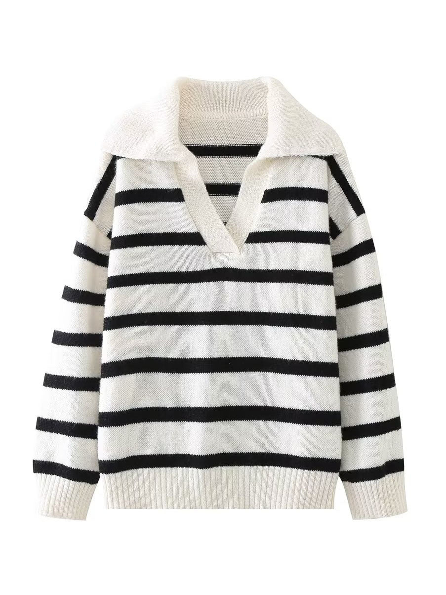 Warm Relaxed Women’s Striped Knitted Sweater - V Neck - Image 2