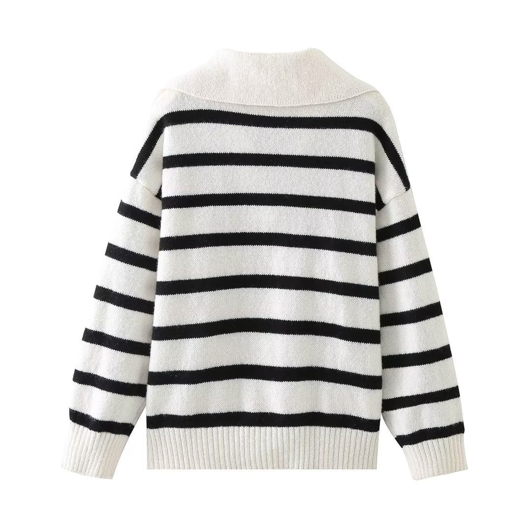 Warm Relaxed Women’s Striped Knitted Sweater - V Neck - Image 6