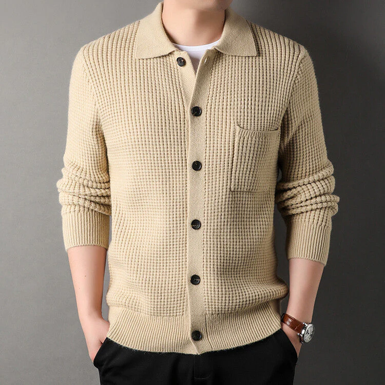 Warm Textured Men's Cardigan - Polo Lapel, Knit For Autumn