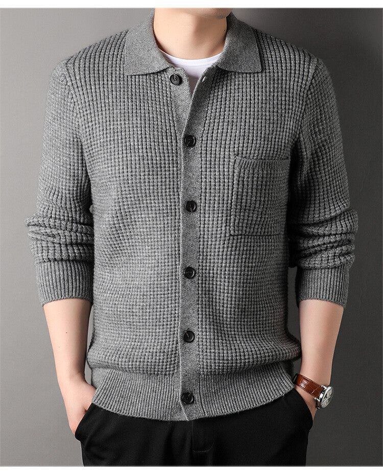 Warm Textured Men's Cardigan - Polo Lapel, Knit For Autumn - Image 10