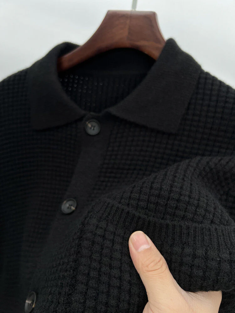 Warm Textured Men's Cardigan - Polo Lapel, Knit For Autumn - Image 2