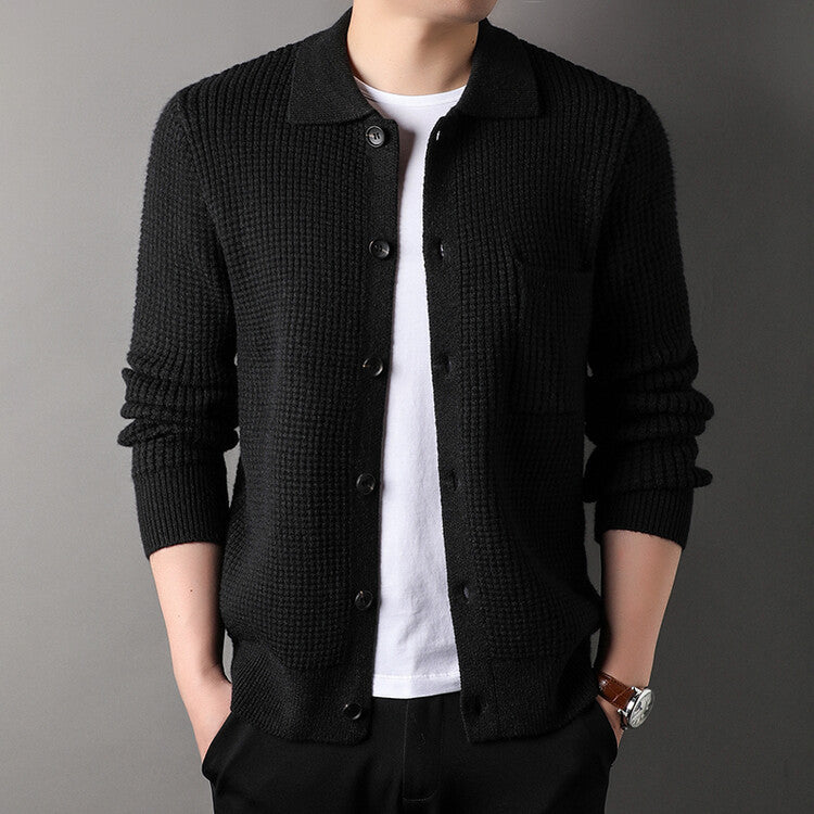 Warm Textured Men's Cardigan - Polo Lapel, Knit For Autumn - Image 3