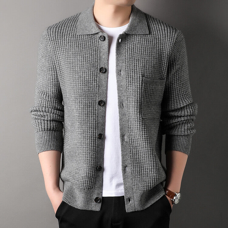 Warm Textured Men's Cardigan - Polo Lapel, Knit For Autumn - Image 4