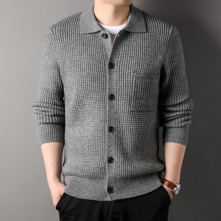 Warm Textured Men's Cardigan - Polo Lapel, Knit For Autumn - Image 5