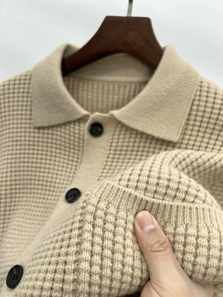Warm Textured Men's Cardigan - Polo Lapel, Knit For Autumn - Image 6
