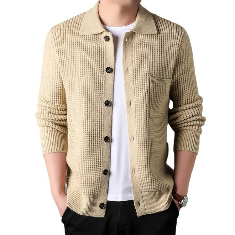 Warm Textured Men's Cardigan - Polo Lapel, Knit For Autumn - Image 7