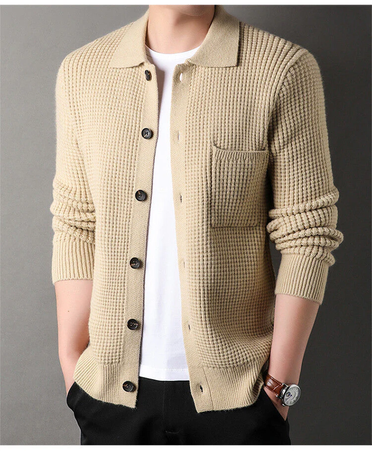 Warm Textured Men's Cardigan - Polo Lapel, Knit For Autumn - Image 8