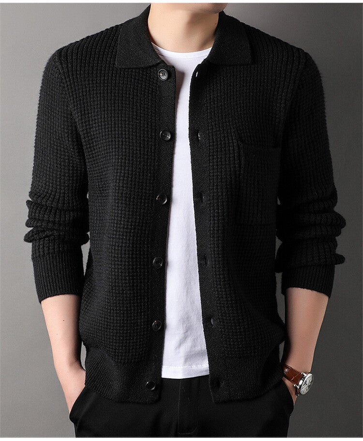 Warm Textured Men's Cardigan - Polo Lapel, Knit For Autumn - Image 9