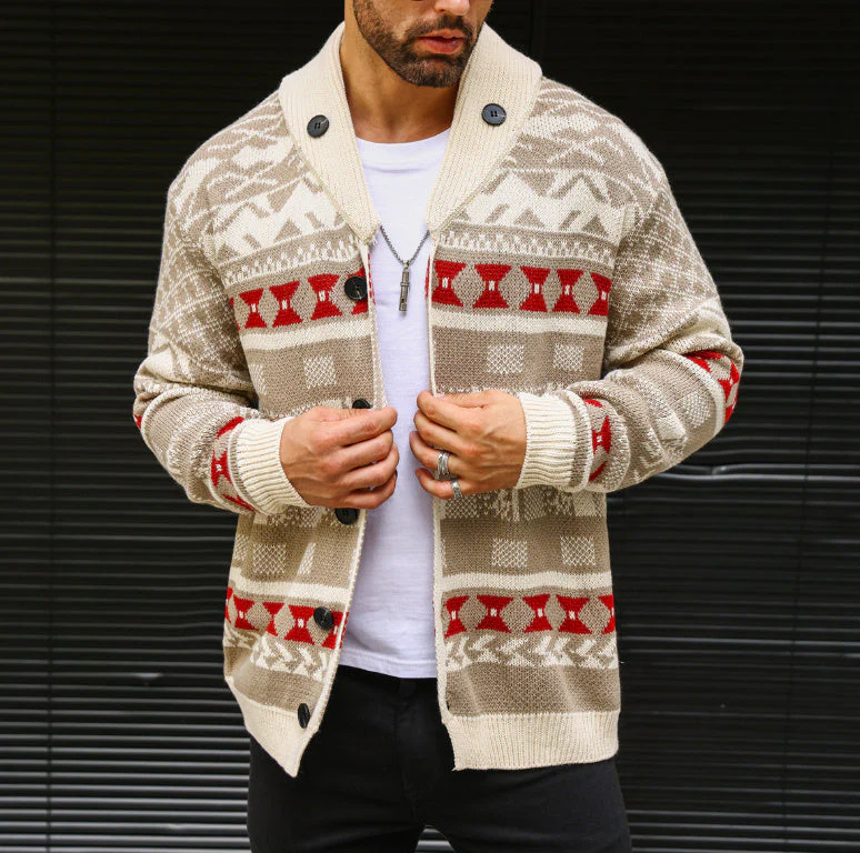 Warm Textured Men's Sweater Coat - Shawl Collar, Thick Knit
