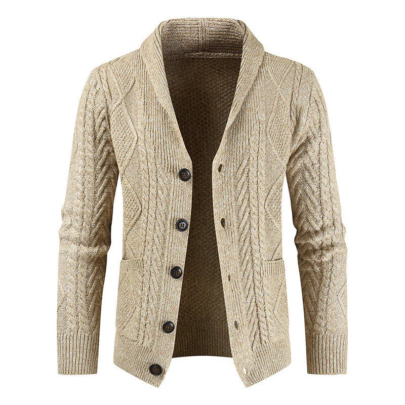 Warm Textured Mens Cardigan - Shawl V Neck, Cable Knit