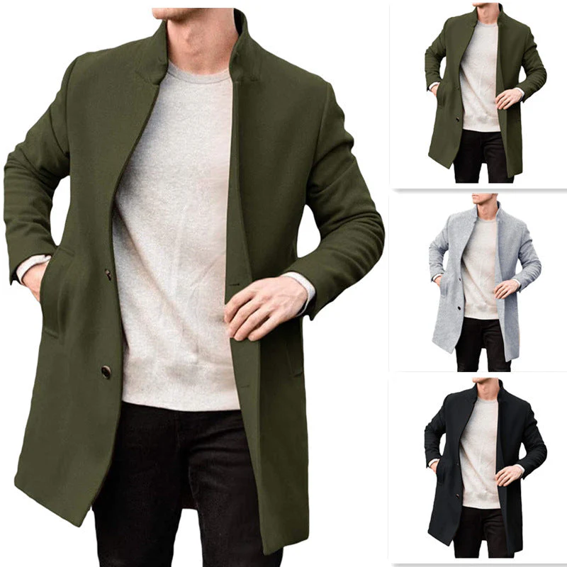 Warm Timeless Men's Wool Coat - Stand Collar, Mid Thigh - Image 3