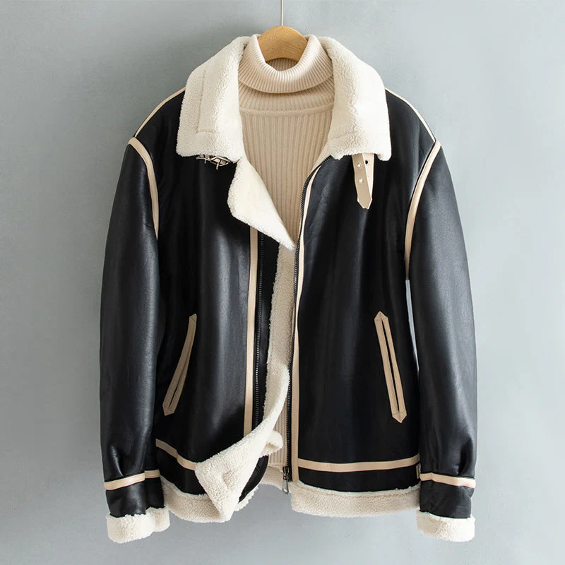 Warm Unisex Jacket - Shearling-Lined Faux Leather, Biker Style, Zip Front, For Winter Wear - Image 8