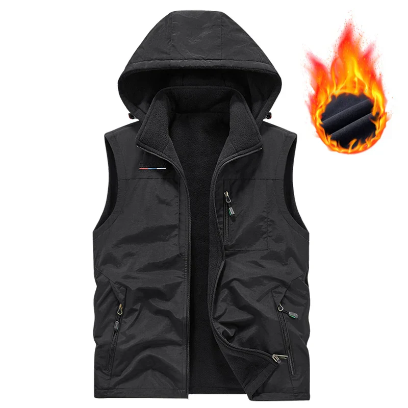 Warm Versatile Men Hooded Vest - Fleece Lined, Nylon, Outdoor - Image 19