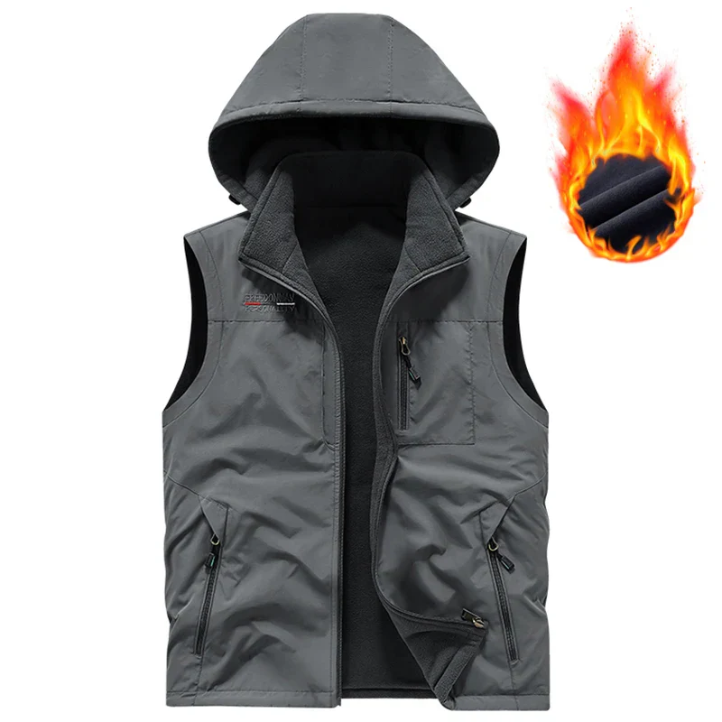 Warm Versatile Men Hooded Vest - Fleece Lined, Nylon, Outdoor - Image 20