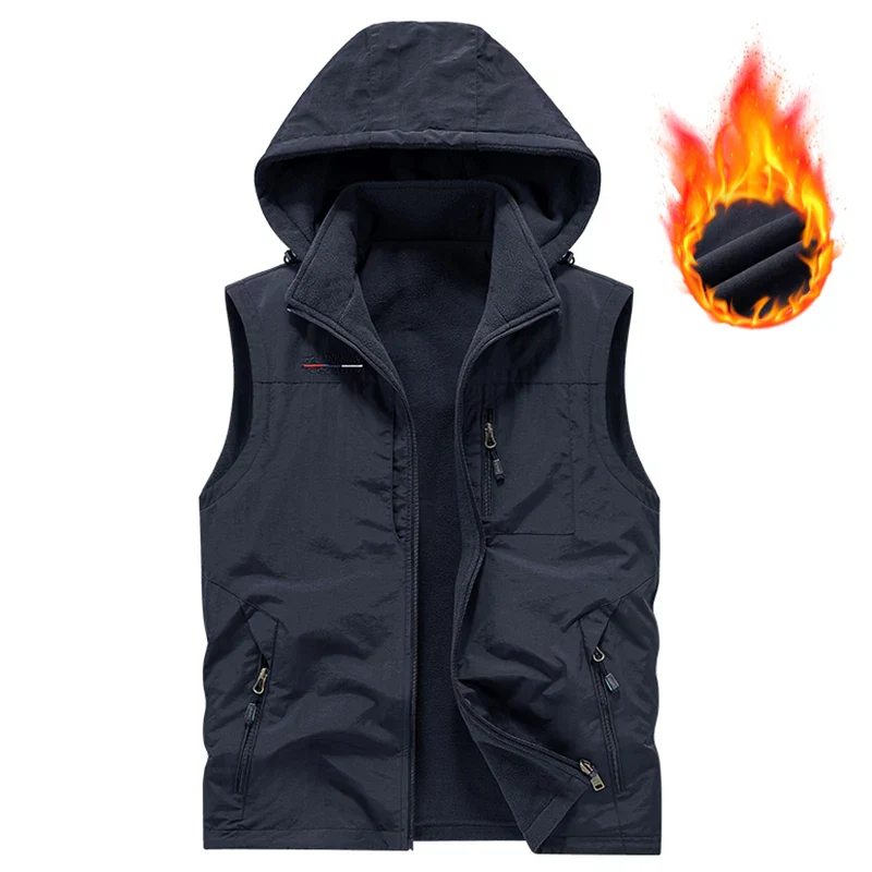 Warm Versatile Men Hooded Vest - Fleece Lined, Nylon, Outdoor - Image 4