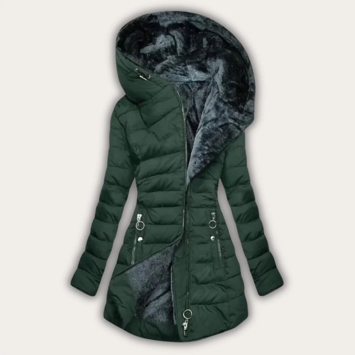 Warm Women's Down Parka - Tapered Quilted Faux Fur, Winter - Image 2