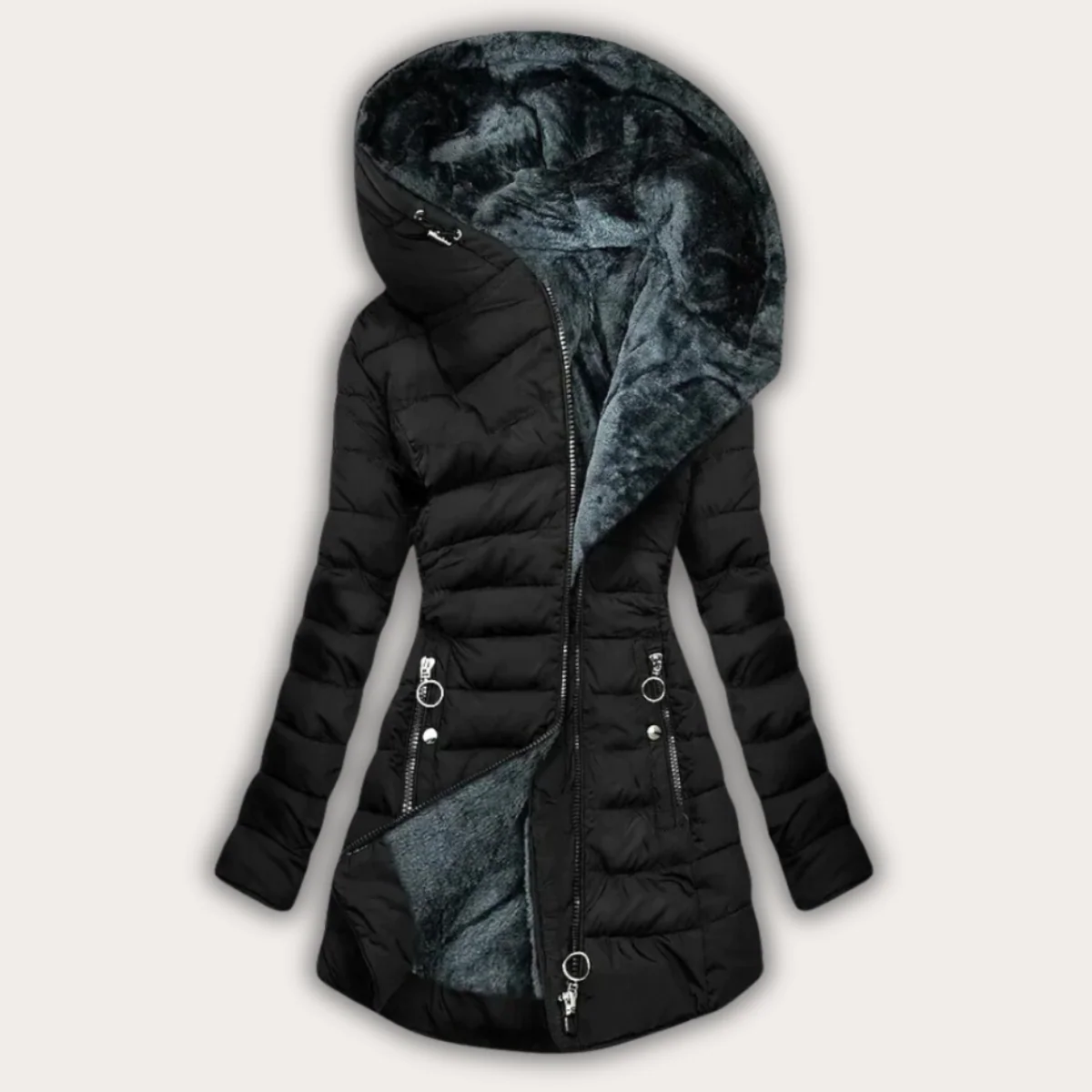 Warm Women's Down Parka - Tapered Quilted Faux Fur, Winter - Image 3
