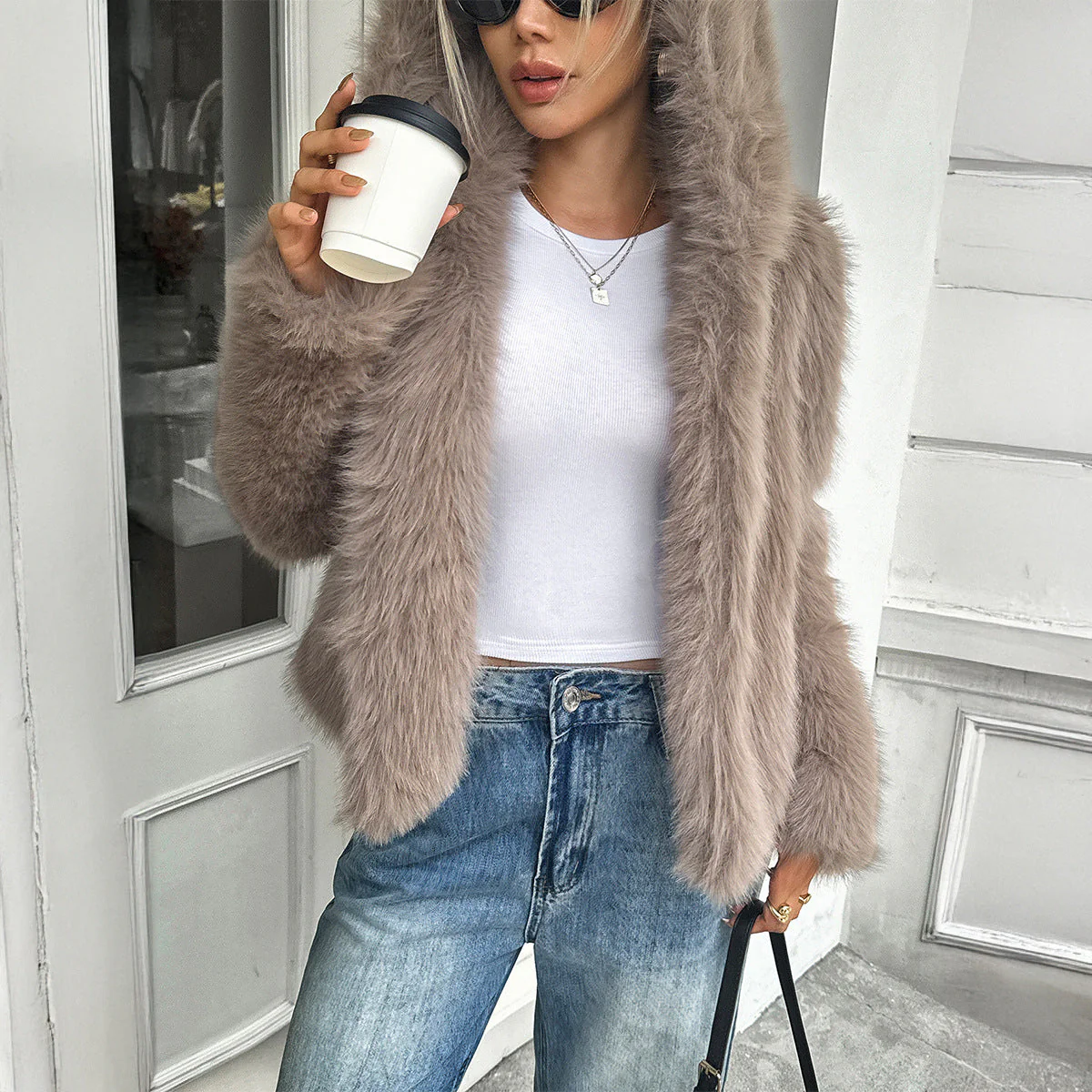 Warm Women's Fleece Coat - Boxy Hip Length, Faux Fur - Image 2
