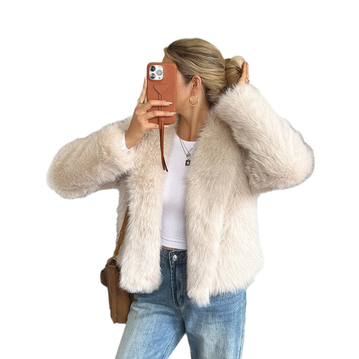 Warm Women's Fleece Coat - Boxy Hip Length, Faux Fur - Image 3