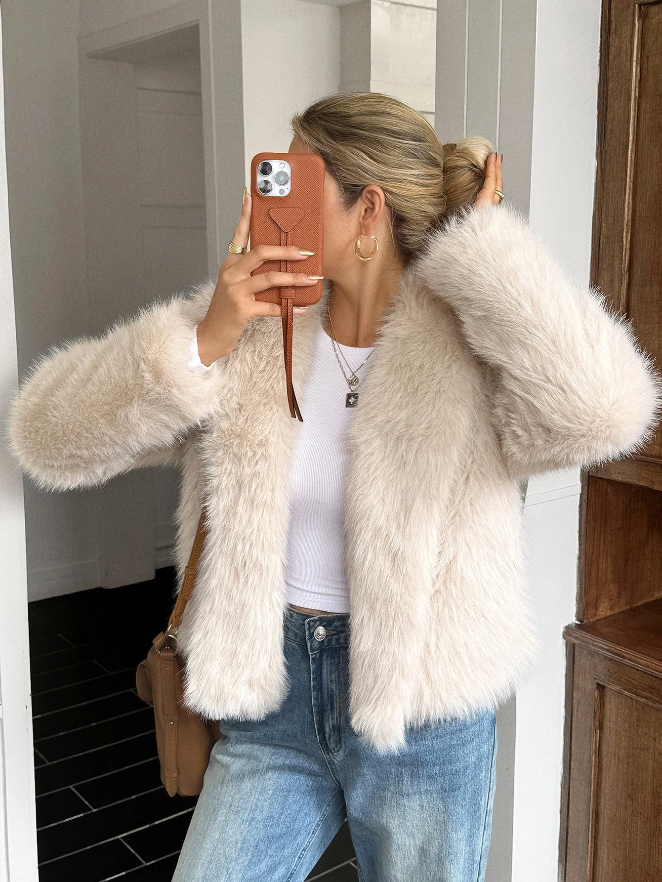 Warm Women's Fleece Coat - Boxy Hip Length, Faux Fur - Image 5