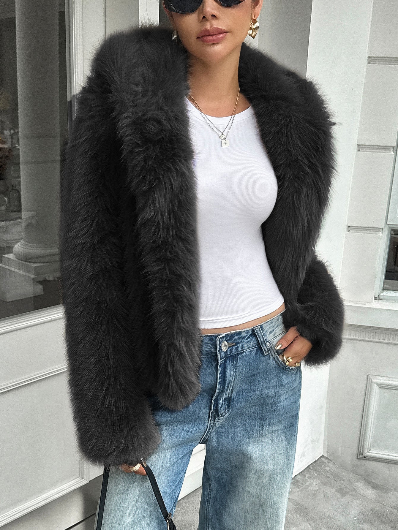 Warm Women's Fleece Coat - Boxy Hip Length, Faux Fur - Image 6