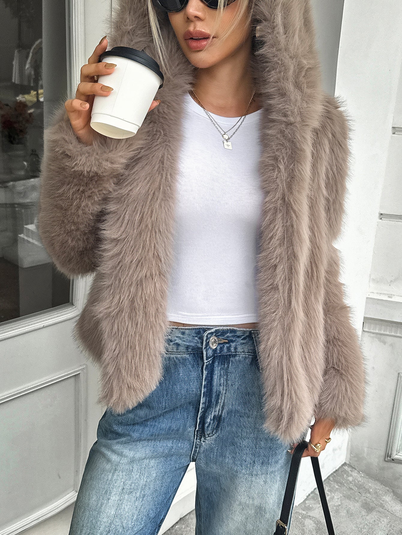 Warm Women's Fleece Coat - Boxy Hip Length, Faux Fur - Image 7