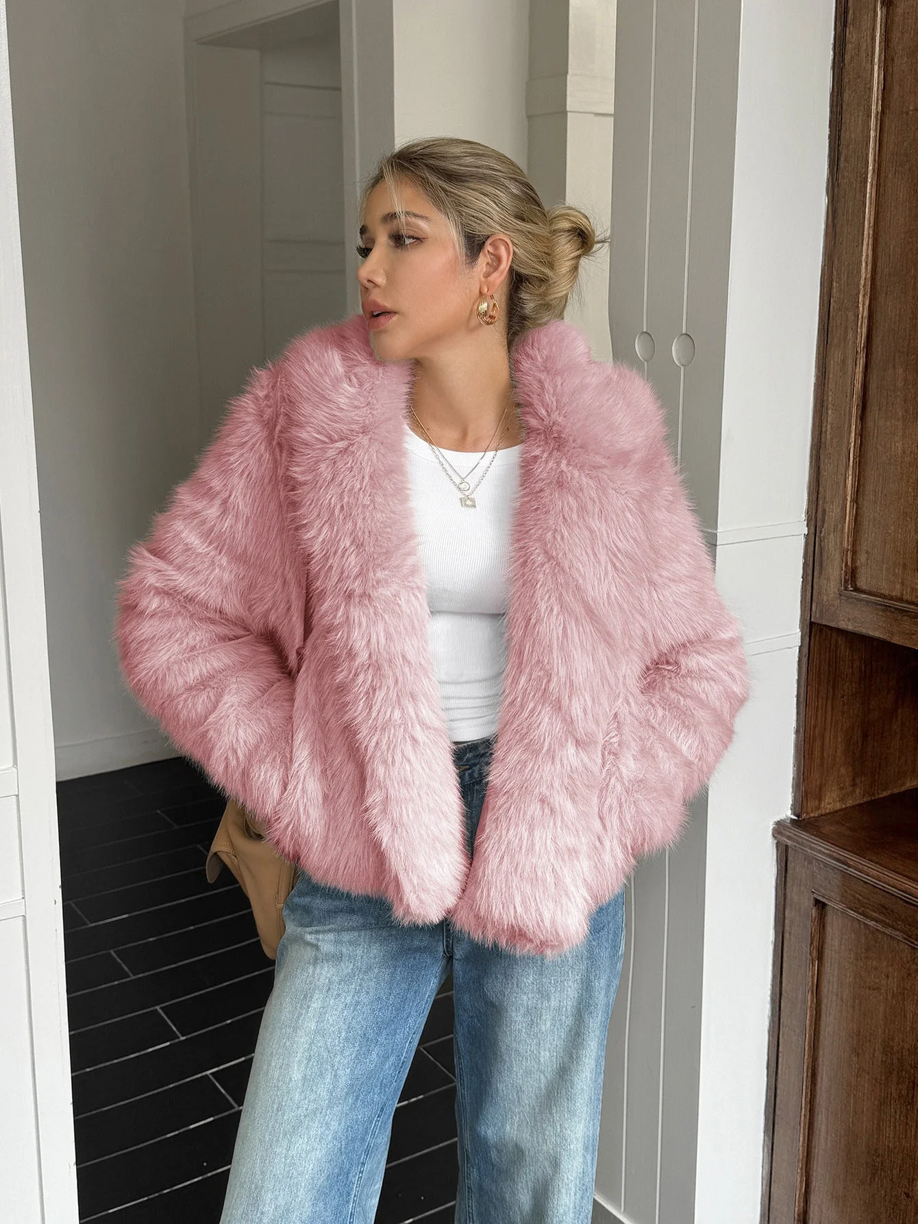 Warm Women's Fleece Coat - Boxy Hip Length, Faux Fur - Image 8