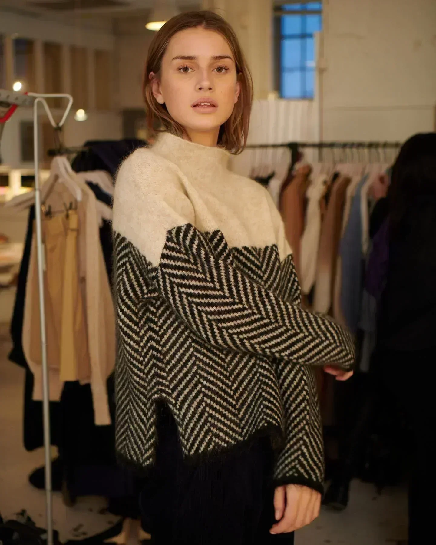 Warm Women’s Herringbone Knit Sweater - Stand Collar, Casual - Image 3
