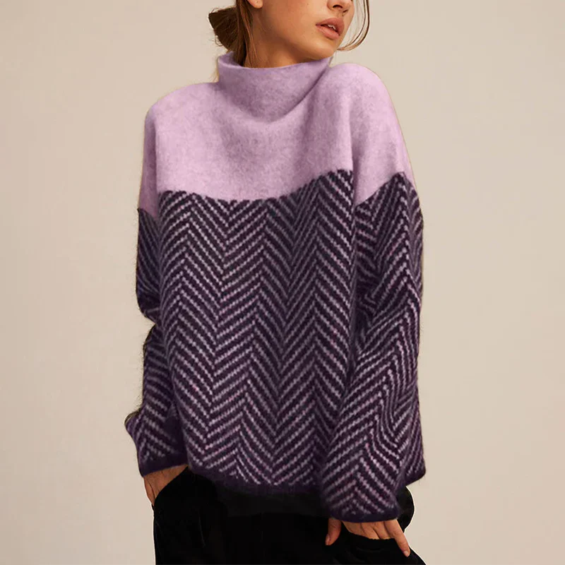 Warm Women’s Herringbone Knit Sweater - Stand Collar, Casual - Image 6