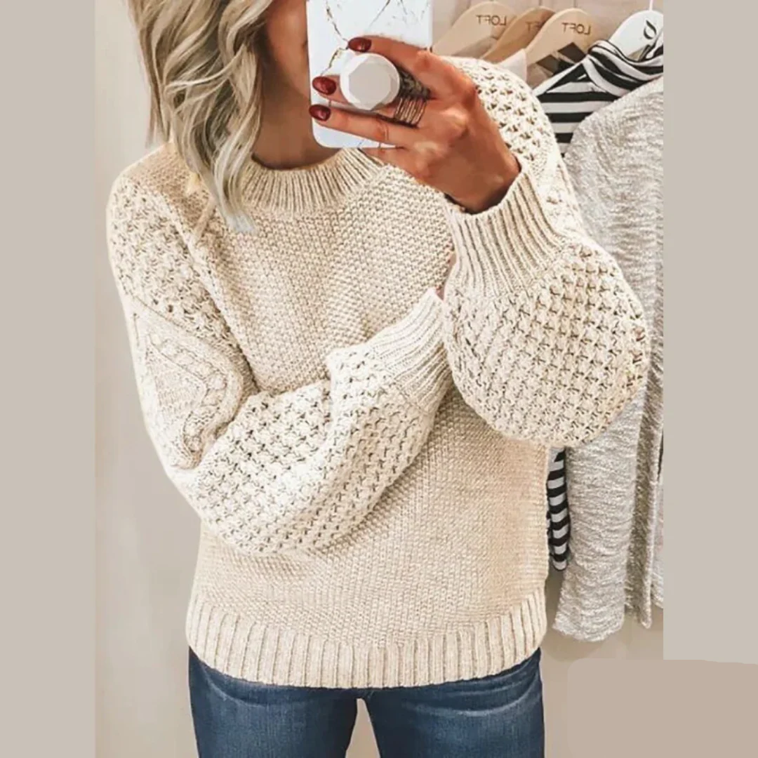 Warm Women's Knit Sweater - Crew Neck, Relaxed Boxy Fit - Image 3
