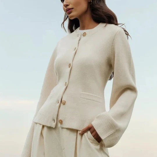 Warm Women's Knitted Cardigan - Cropped Wool Blend, Autumn