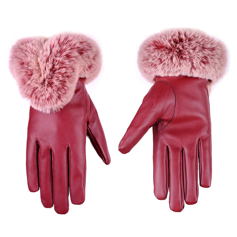 Warm Women's Leather Gloves - Faux Fur Cuff, Touchscreen - Image 6