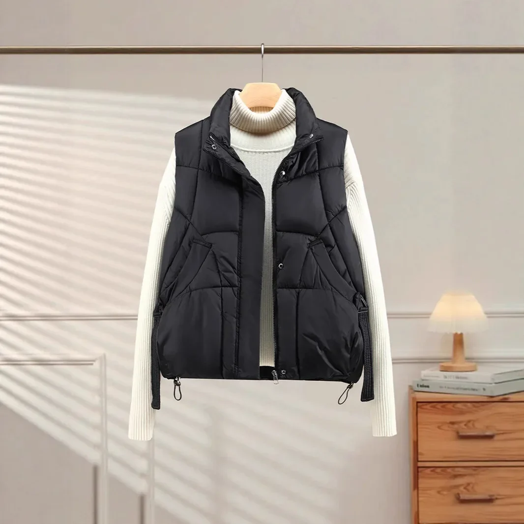 Warm Women's Puffer Vest - Quilted High Collar, Polyester - Image 3